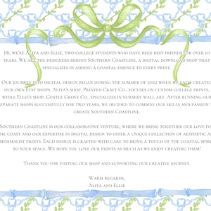 May include: A watercolor-style digital print with a coastal theme. The design features a light blue and green color scheme with a bamboo-style border and a decorative bow. Text on the print introduces Southern Coastline, a digital download shop.