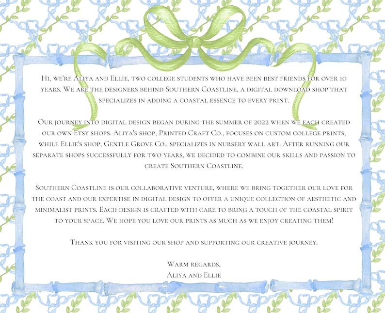 May include: A watercolor-style digital print with a coastal theme. The design features a light blue and green color scheme with a bamboo-style border and a decorative bow. Text on the print introduces Southern Coastline, a digital download shop.