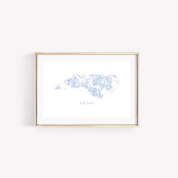 Blue Floral North Carolina Print, Chinoiserie Wall Art, Grandmillennial Digital Prints, USA State Prints, Coastal Granddaughter Wall Decor