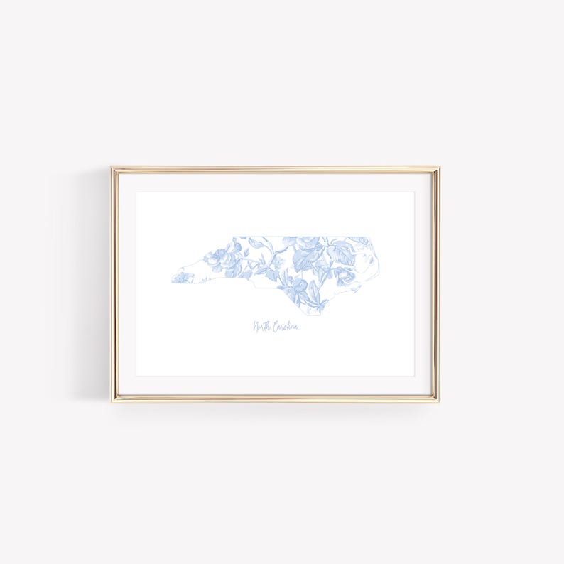 Blue Floral North Carolina Print, Chinoiserie Wall Art, Grandmillennial Digital Prints, USA State Prints, Coastal Granddaughter Wall Decor image 1