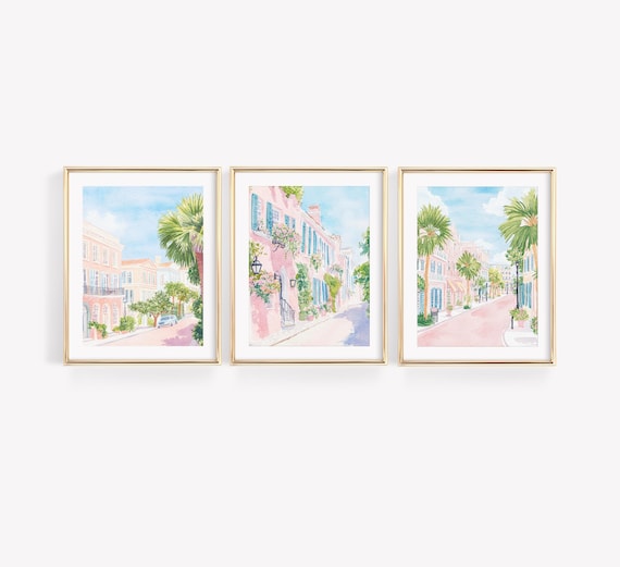 Set Of 3 Charleston South Carolina Watercolor Prints, Preppy Coastal Art, Pastel Pink Blue Watercolor Painting, Charleston Rainbow Row Art