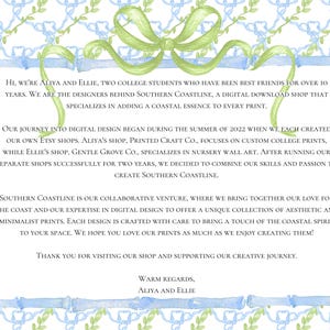 May include: A digital print in watercolour style with a coastal theme. The design has a light blue and green colour scheme, a bamboo-style border, and a decorative bow. Text includes a shop introduction.