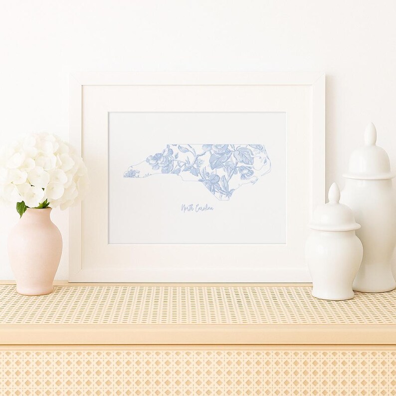 Blue Floral North Carolina Print, Chinoiserie Wall Art, Grandmillennial Digital Prints, USA State Prints, Coastal Granddaughter Wall Decor image 3