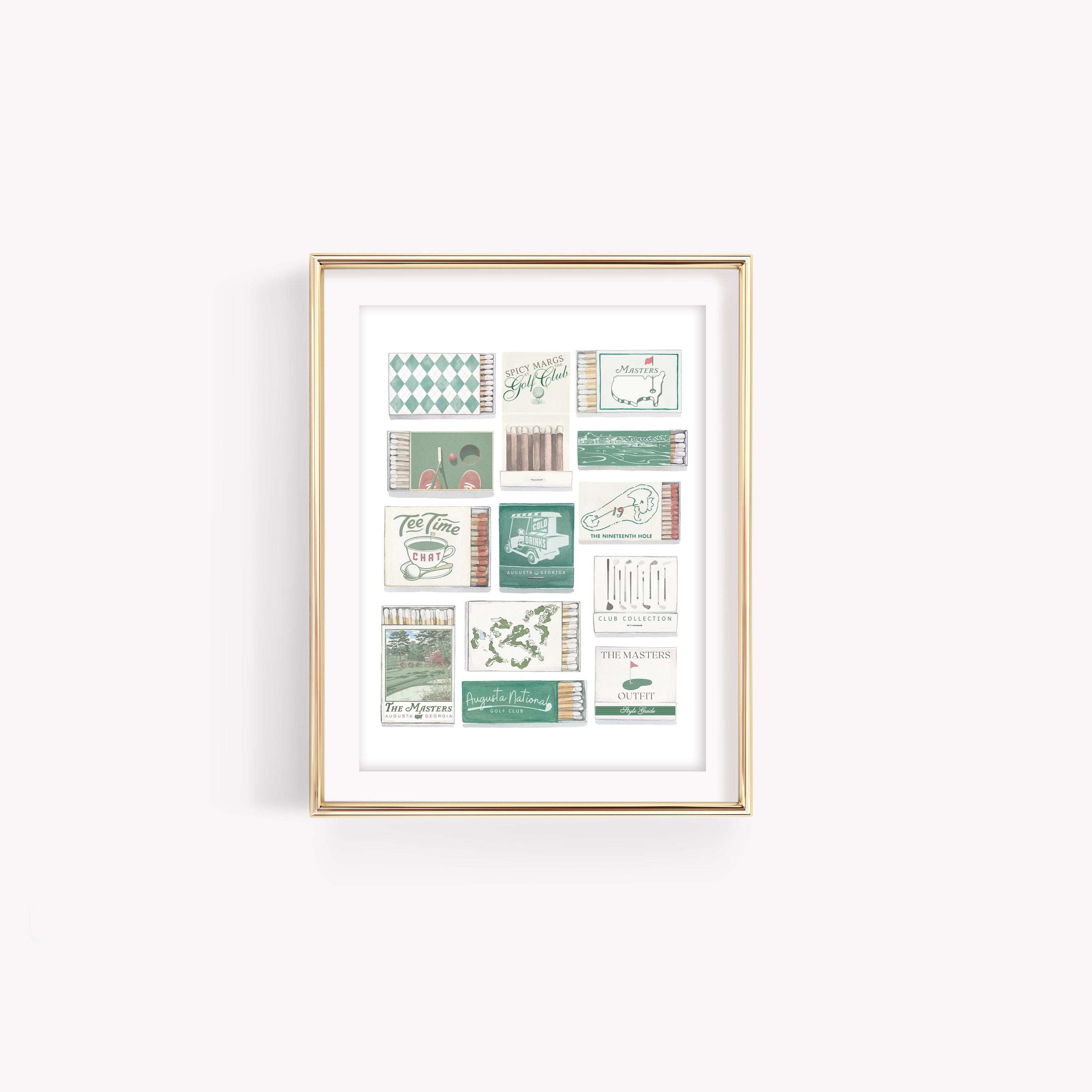 Vintage Golf Watercolor Matchbook Print, Retro Matchbox Art, Green Matches Poster, Golf Course Wall Art, Trendy Aesthetic Apartment Print