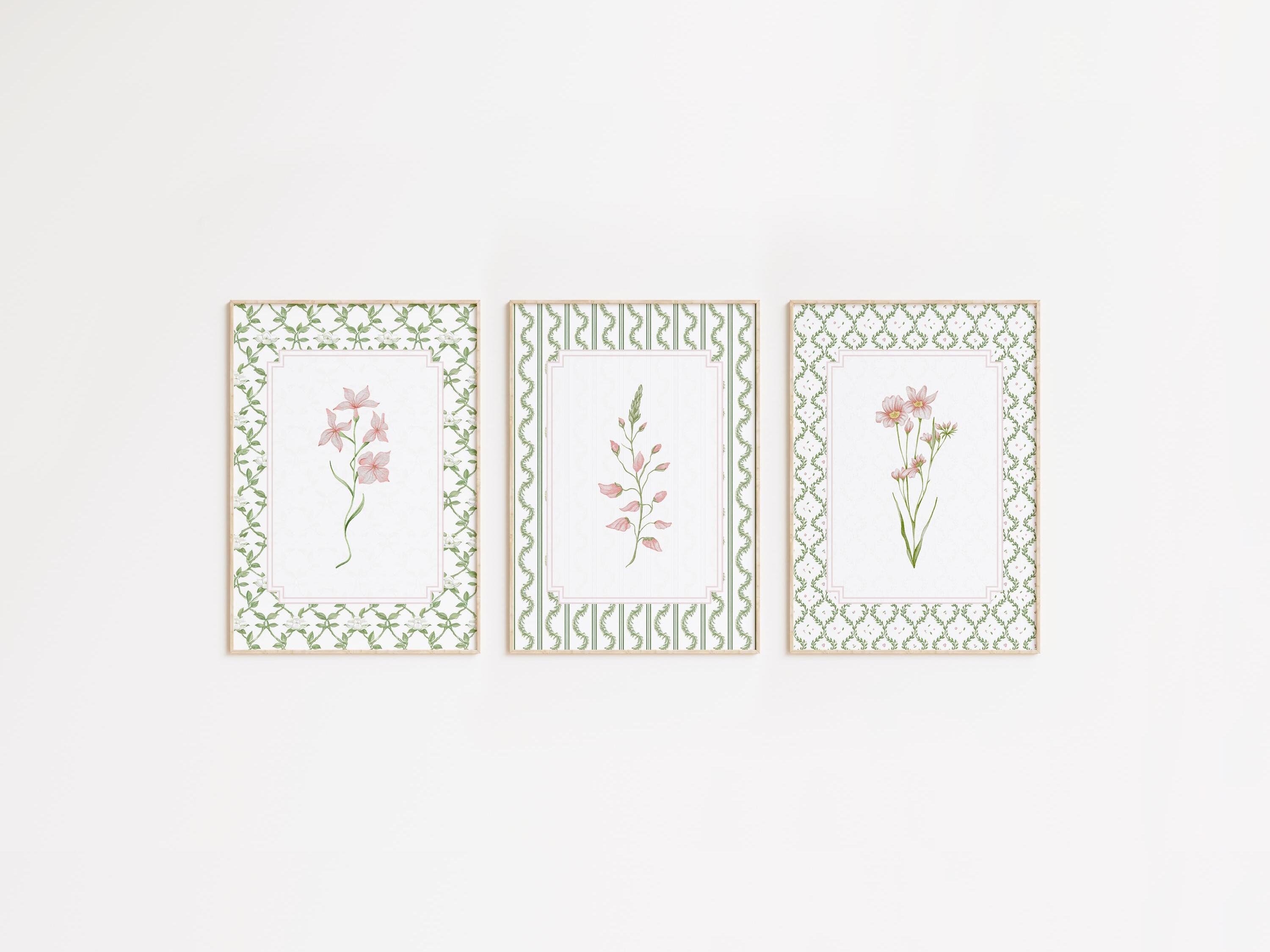 Grandmillenial Floral Print Set of 3, Watercolor Flowers Print Set, Floral Nursery Wall Art, Vintage Wildflower Print, Antique Botanical Art