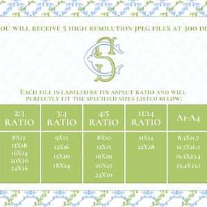 May include: A digital art print file information sheet. The sheet includes text about the file's resolution and aspect ratios, with size options in inches. The design features a monogram and a floral border in shades of blue and green.