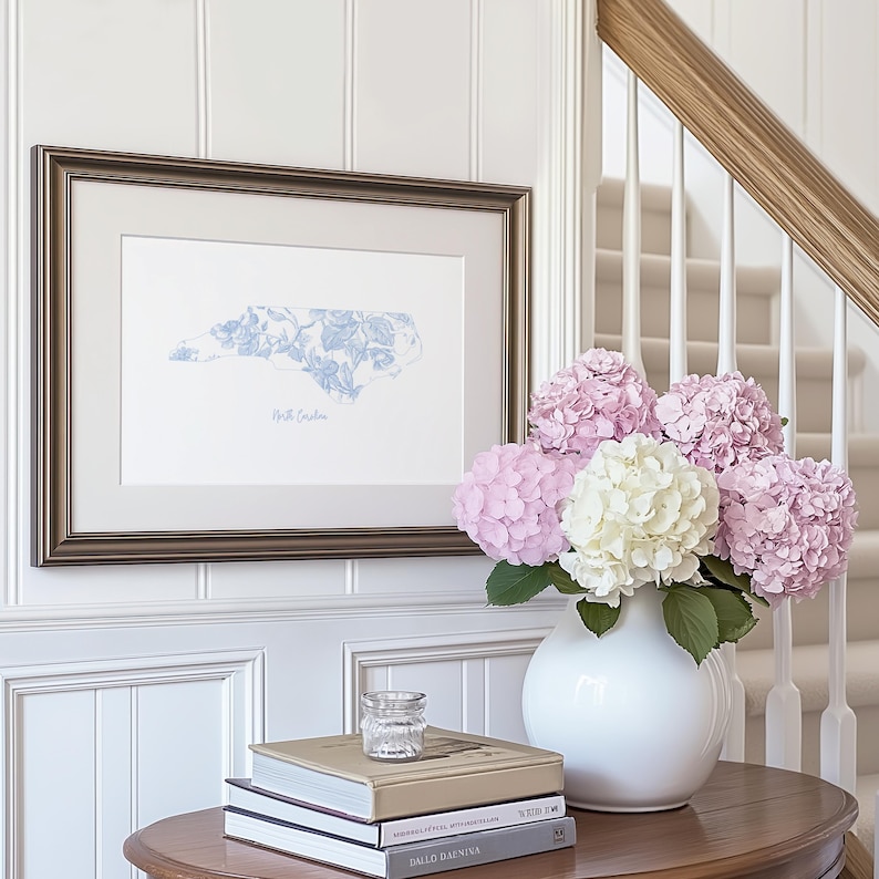 Blue Floral North Carolina Print, Chinoiserie Wall Art, Grandmillennial Digital Prints, USA State Prints, Coastal Granddaughter Wall Decor image 2