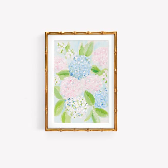 Pink, Blue & Green Hydrangea Painting: Preppy Pastel Wall Art (Digital Download)