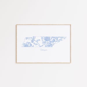 Impresión floral azul del estado de Tennessee, arte mural chinoiserie de Tennessee, arte mural toile azul y blanco, decoración de pared Grandmillennial, regalo de Tennessee