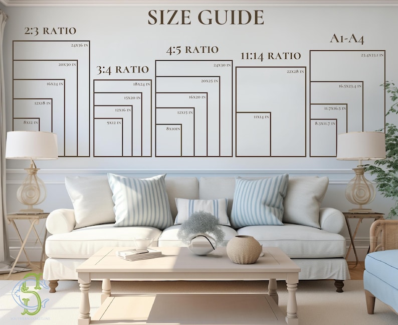 May include: A size guide chart displayed on a wall above a sofa, featuring various rectangular frame ratios including 2:3, 3:4, 4:5, 11:14, and A1-A4. The chart lists specific dimensions in inches for each ratio, providing a visual reference for print sizes.