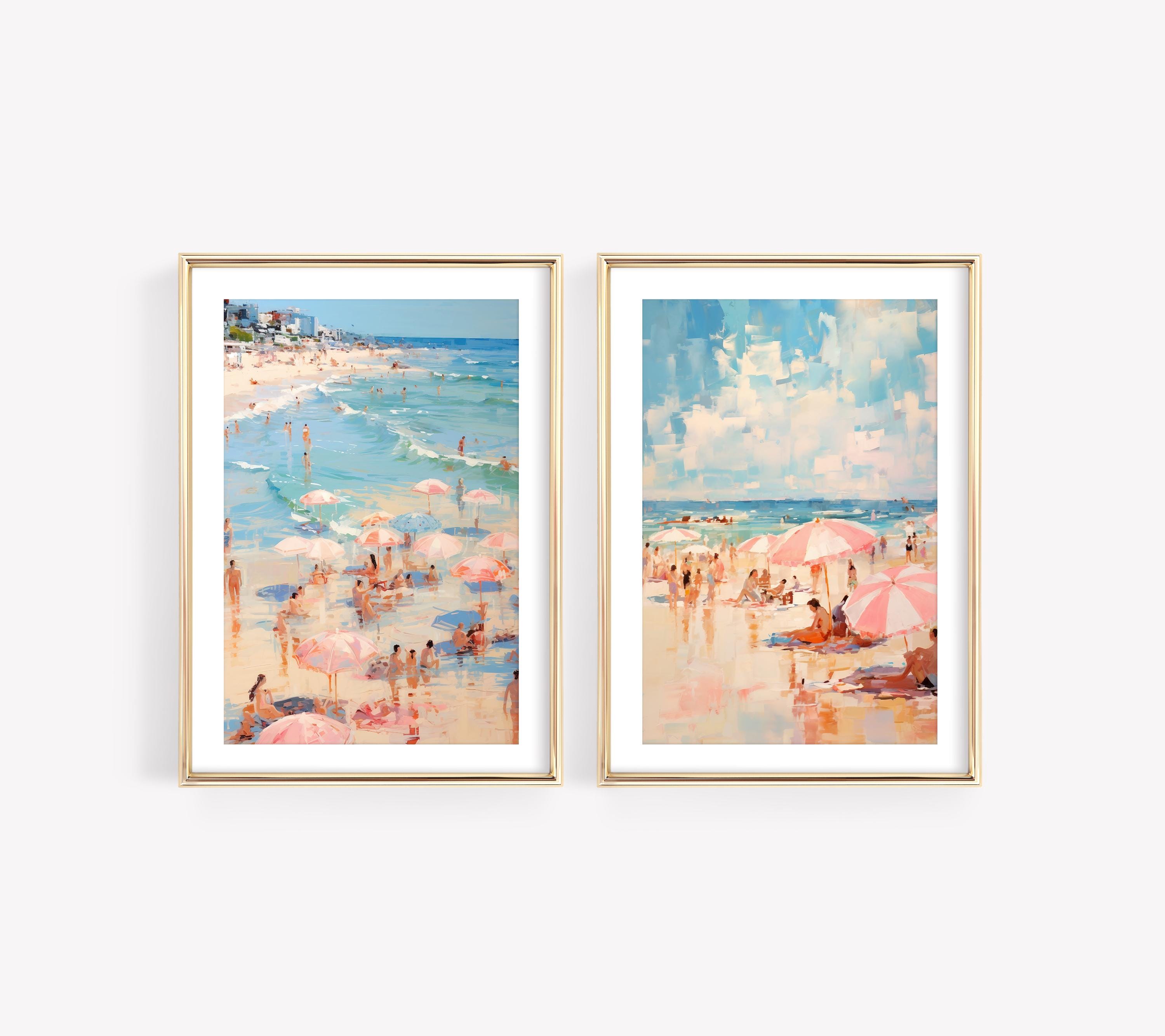 Vintage East Coast Summer Print Set, Abstract Coastal Art, Girly Apartment Decor, Umbrella Beach Print, Pastel Pink Blue Watercolor Decor