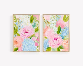 Pastel Floral Wall Art Set of 2: Pink Blue Hydrangea Peony Prints, Girly Dorm Decor (Digital Download)
