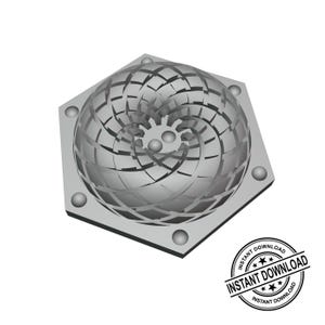 May include: A gray, geometric design with a spiral pattern, set on a hexagonal base with rounded studs at each corner. The image includes a black and white stamp that reads "INSTANT DOWNLOAD".