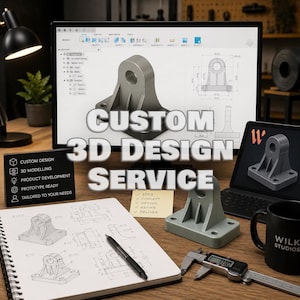 May include: A computer monitor displaying 3D CAD software with a mechanical part design, a tablet showing the same part, a physical grey 3D printed model, a notebook with technical sketches, a digital caliper, and a black mug on a wooden desk.