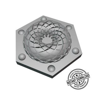 以下が含まれることがあります： 六角形のフレーム内に設定された、スパイラルパターンを持つ灰色の幾何学模様。 デザインは4つの球状のアクセントに囲まれています。 画像には「INSTANT DOWNLOAD」と書かれた円形のスタンプが含まれています。
