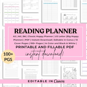 Läsdagbok, läsning + bokspårare, läslogg, direktnedladdningsplanerare, utskrivbar PDF i US Letter-format, Happy Planner, A5-, A6- och B6-format