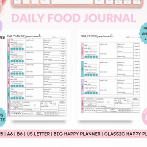 May include: A printable daily food journal with two different layouts. The journal includes sections for meal size, hunger scale, and how you felt. The text "DAILY FOOD JOURNAL" is at the top. The journal is available in color and black and white.