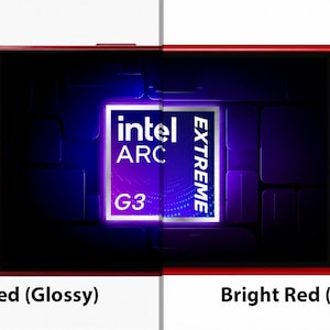 May include: A handheld gaming console featuring a glossy wine red left side and a glossy bright red right side. The screen displays an Intel Arc Extreme G3 logo. The device includes a directional pad, analogue sticks with blue rings, and buttons labelled X, Y, A, B.