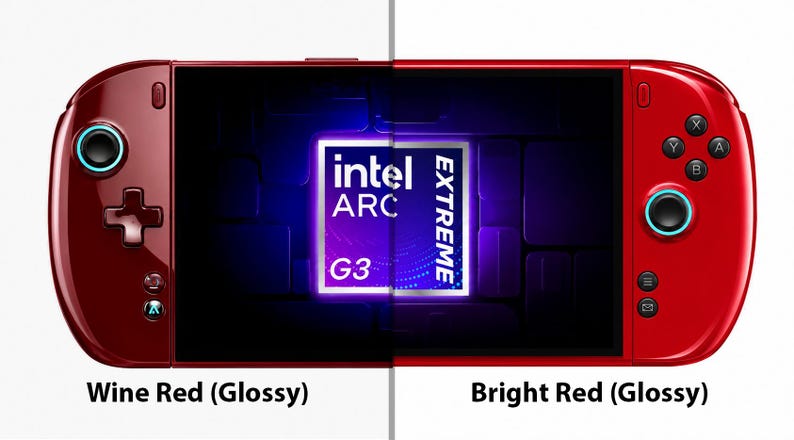 May include: A handheld gaming console featuring a glossy wine red left side and a glossy bright red right side. The screen displays an Intel Arc Extreme G3 logo. The device includes a directional pad, analogue sticks with blue rings, and buttons labelled X, Y, A, B.