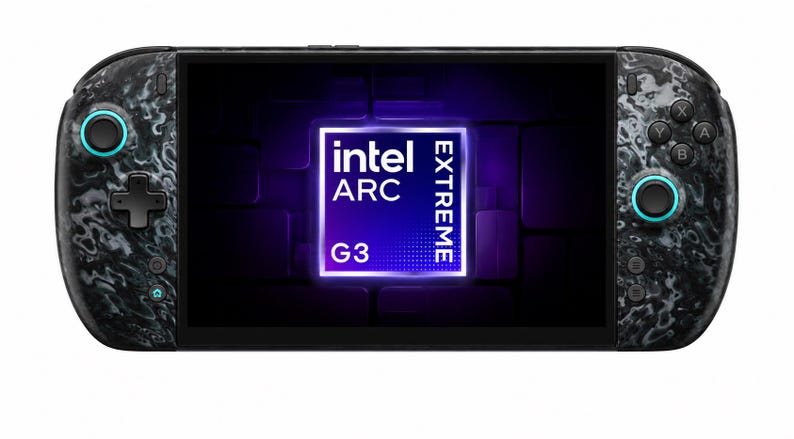 May include: A handheld gaming console with a black marbled pattern on the side grips, featuring a central screen displaying the text intel ARC EXTREME G3 in white against a purple background, with blue-ringed joysticks and black buttons.