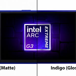 May include: A handheld gaming console in indigo blue, split into matte and glossy finishes. The screen displays an Intel Arc Extreme G3 logo. The device features a directional pad, two analogue sticks with light blue rings, and standard action buttons.