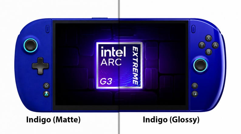 May include: A handheld gaming console in indigo blue, split into matte and glossy finishes. The screen displays an Intel Arc Extreme G3 logo. The device features a directional pad, two analogue sticks with light blue rings, and standard action buttons.