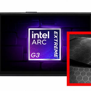 May include: A black handheld gaming console with a textured carbon fibre pattern, featuring a screen displaying the Intel Arc Extreme G3 logo. The device includes a directional pad, action buttons, and a blue-accented joystick on the front.