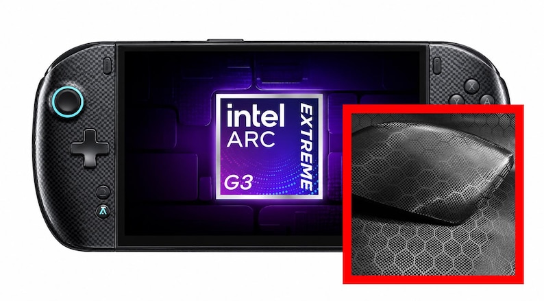 May include: A black handheld gaming console with a textured carbon fibre pattern, featuring a screen displaying the Intel Arc Extreme G3 logo. The device includes a directional pad, action buttons, and a blue-accented joystick on the front.