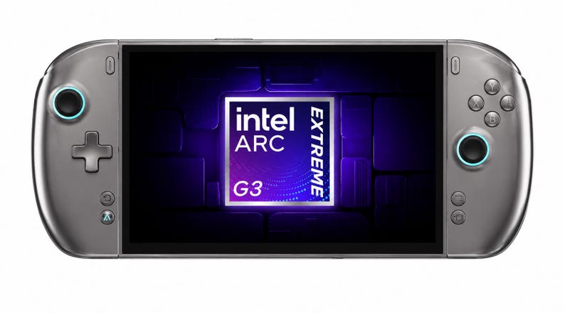 May include: A handheld gaming console with a metallic grey finish, featuring a central screen displaying the Intel Arc Extreme G3 logo. The device includes a directional pad, two analogue sticks with light blue rings, and standard action buttons.