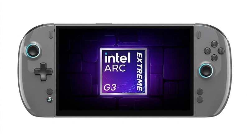 May include: A handheld gaming console with a dark grey casing, featuring a central screen displaying an Intel Arc Extreme G3 logo. The device includes a directional pad, two analogue sticks with light blue rings, and four action buttons labelled A, B, X, Y.