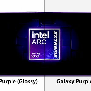 May include: A handheld gaming console with a glossy purple finish, featuring a black screen displaying the Intel Arc Extreme G3 logo. The device includes a directional pad, analogue sticks with light blue rings, and action buttons. Text labels read TitaniumPurple (Glossy) and Galaxy Purple (Glossy).
