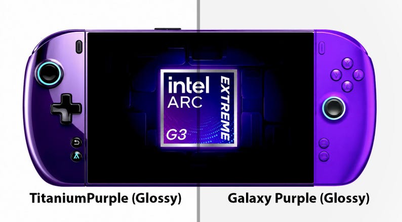 May include: A handheld gaming console with a glossy purple finish, featuring a black screen displaying the Intel Arc Extreme G3 logo. The device includes a directional pad, analogue sticks with light blue rings, and action buttons. Text labels read TitaniumPurple (Glossy) and Galaxy Purple (Glossy).