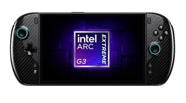 May include: A black handheld gaming console with a carbon fibre texture on the side grips. The screen displays a purple and blue graphic with the text intel ARC EXTREME G3. The device features a directional pad, two analogue sticks, and buttons.