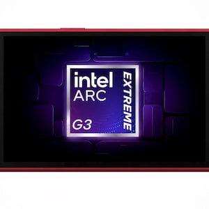 May include: A handheld gaming console in a deep red finish featuring a central screen displaying the Intel Arc Extreme G3 logo. The device includes a directional pad, two analogue sticks with light blue rings, and standard action buttons on the sides.