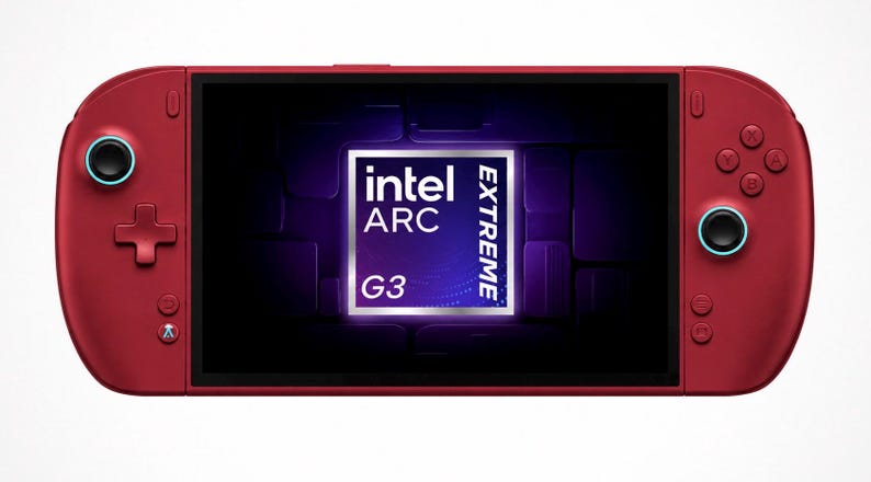 May include: A handheld gaming console in a deep red finish featuring a central screen displaying the Intel Arc Extreme G3 logo. The device includes a directional pad, two analogue sticks with light blue rings, and standard action buttons on the sides.