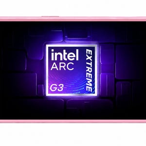 May include: A handheld gaming console with a light pink casing, black buttons, and two analog sticks with teal accents. The screen displays a purple graphic with the white text intel ARC EXTREME G3 centred against a dark, blocky background.