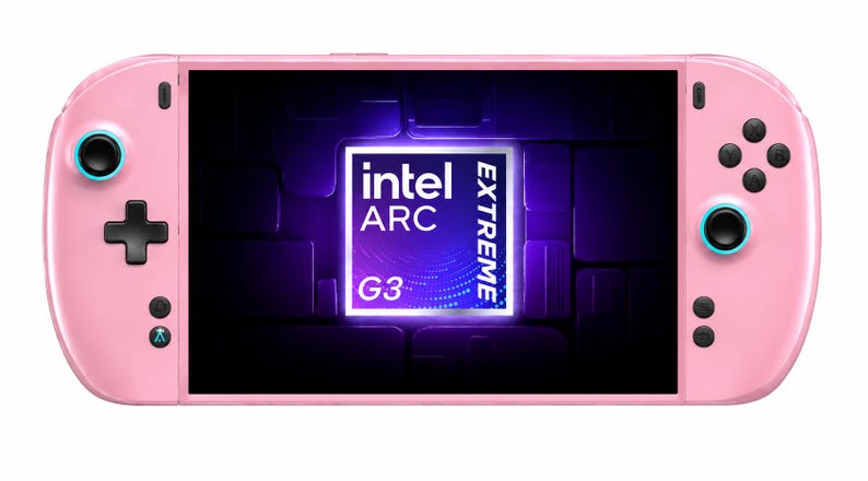 May include: A handheld gaming console with a light pink casing, black buttons, and two analog sticks with teal accents. The screen displays a purple graphic with the white text intel ARC EXTREME G3 centred against a dark, blocky background.