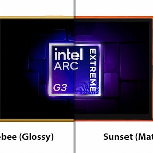 May include: A handheld gaming console featuring a split-screen design with a glossy yellow Bumblebee side and a matte orange Sunset side. The screen displays the Intel Arc Extreme G3 logo. The device includes a D-pad, analogue sticks, and buttons.