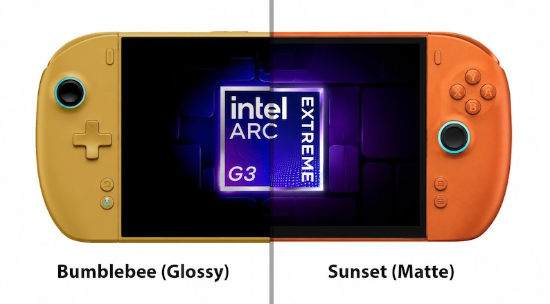 May include: A handheld gaming console featuring a split-screen design with a glossy yellow Bumblebee side and a matte orange Sunset side. The screen displays the Intel Arc Extreme G3 logo. The device includes a D-pad, analogue sticks, and buttons.