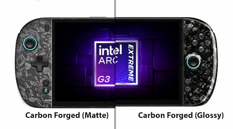 May include: A handheld gaming console featuring a split-screen design with a matte carbon forged finish on the left and a glossy carbon forged finish on the right. The screen displays the text Intel Arc Extreme G3. The device has black buttons.