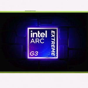May include: A lime green handheld gaming console featuring a black screen displaying the Intel Arc Extreme G3 logo. The device includes a directional pad, two analogue sticks with blue rings, four action buttons labelled X, Y, A, B, and menu buttons.