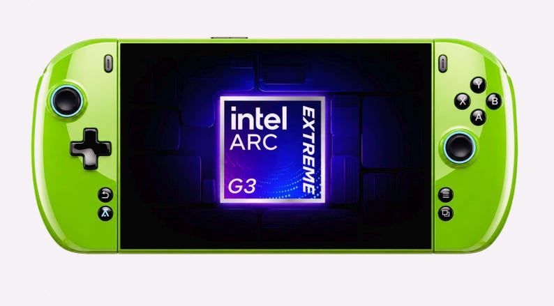 May include: A lime green handheld gaming console featuring a black screen displaying the Intel Arc Extreme G3 logo. The device includes a directional pad, two analogue sticks with blue rings, four action buttons labelled X, Y, A, B, and menu buttons.