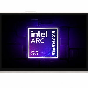 May include: A white handheld gaming console featuring a central screen displaying an Intel Arc Extreme G3 logo. The device includes a directional pad, two black analogue sticks with light blue rings, four action buttons labelled A, B, X, Y, and menu buttons.