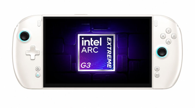 May include: A white handheld gaming console featuring a central screen displaying an Intel Arc Extreme G3 logo. The device includes a directional pad, two black analogue sticks with light blue rings, four action buttons labelled A, B, X, Y, and menu buttons.