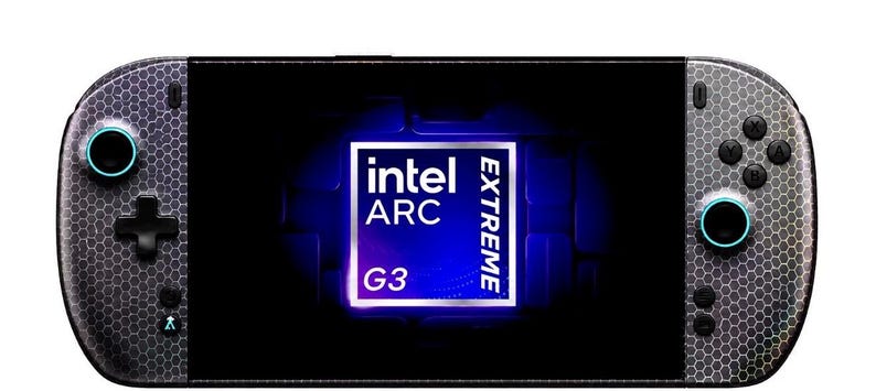 May include: A handheld gaming console with a dark grey hexagonal pattern on the outer casing, featuring black joysticks with teal rings, a directional pad, and action buttons. The screen displays a blue Intel Arc Extreme G3 logo graphic.