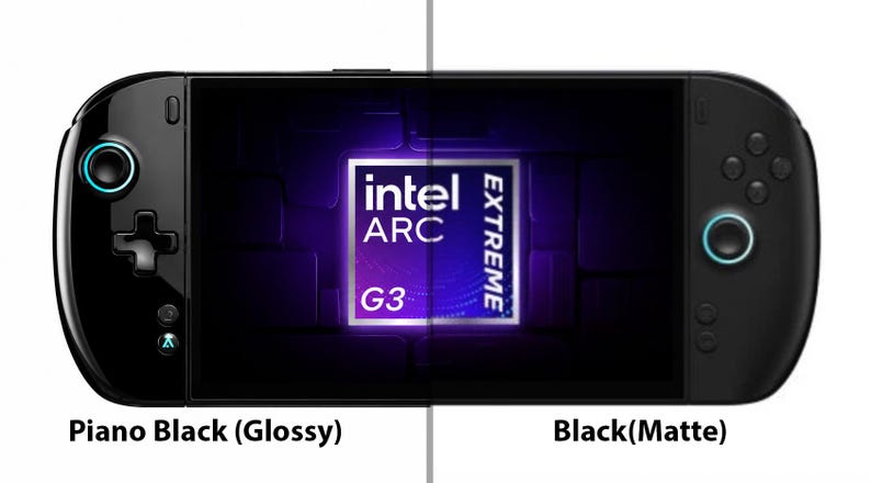 May include: A handheld gaming console featuring a black frame with a split finish, showing a glossy piano black side on the left and a matte black side on the right. The screen displays an Intel Arc Extreme G3 logo. The device has two joysticks with blue rings.