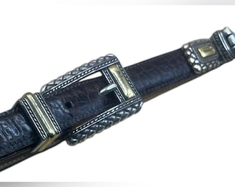 Cinto vintage de couro marrom Brighton dos anos 90 com fivela prateada e dourada