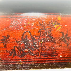 Antique Chinese Carved Red Lacquered Box with Lid & Side Drawer Signed on Bottom
