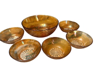 Conjunto de 6 tigelas vintage de vidro de carnaval, trançado de cesta iridescente