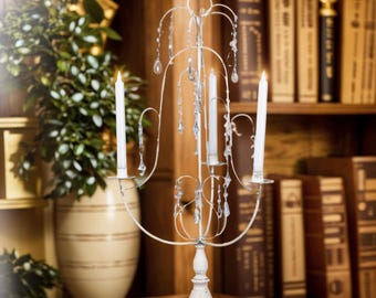 Elegant Vintage White Candle Holder with Crystal Accents, Romantic Decorative Centerpiece for Wedding, Dining Room, or Home Decor